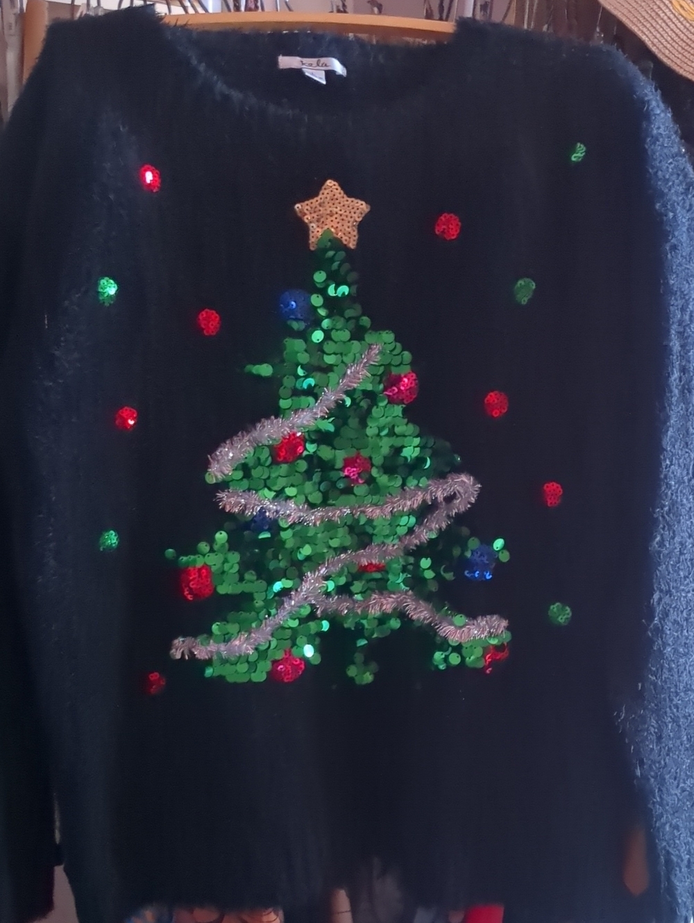 ×Black Sequin Christmas Tree Fuzzy Sweater